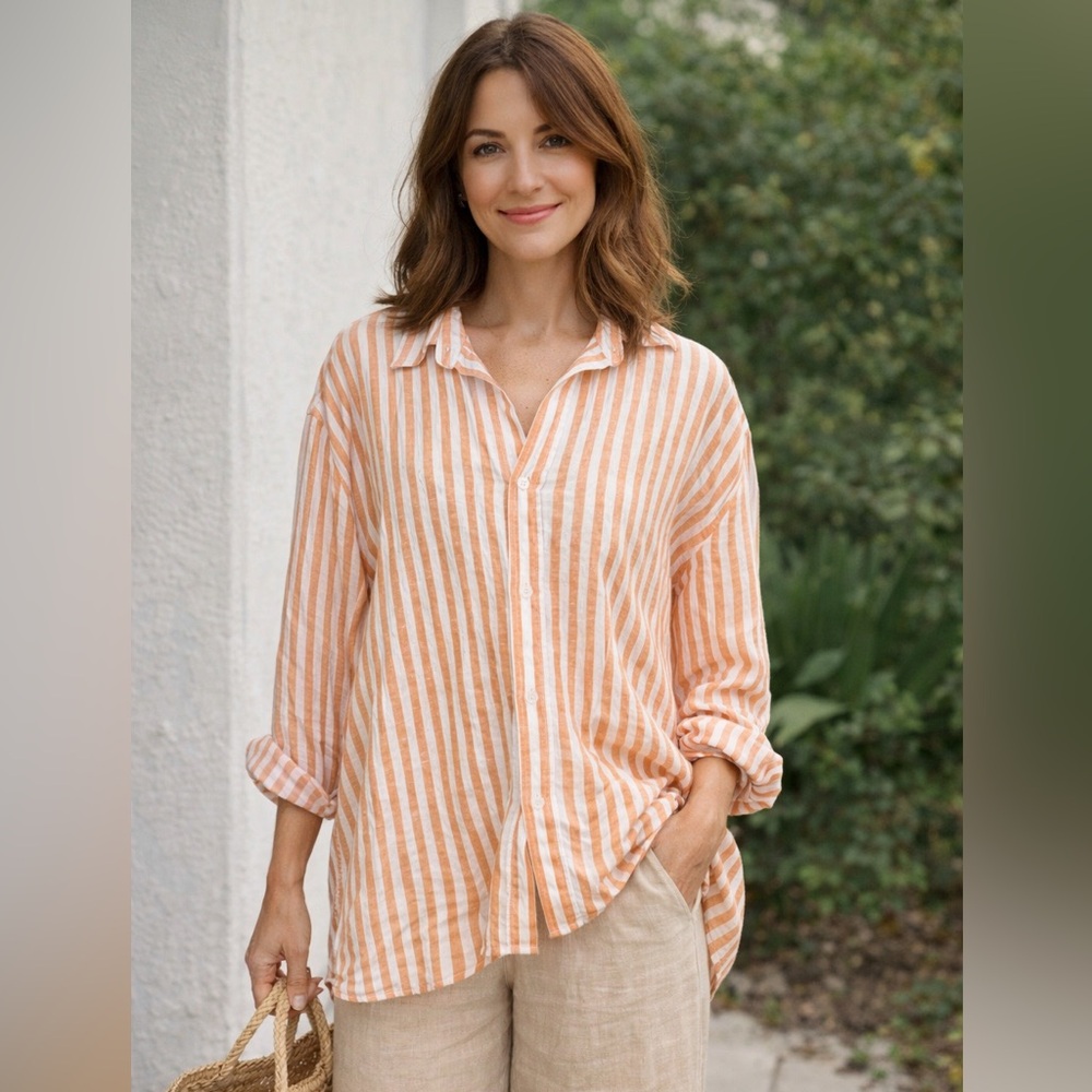 H&M Linen blend Orange White Striped Button Up Shirt Relaxed Summer Top L - Picture 1 of 8